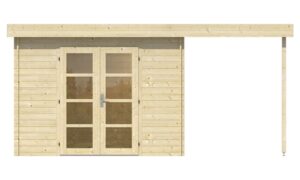 Holzgartenhaus mit einer Doppeltür aus Glas und einem Flachdach, das seitlich von einer einzelnen Stütze erweitert wird.