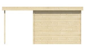 Holzunterstand mit Flachdach, bestehend aus waagerecht verlegten Holzplanken und einer seitlichen Stütze auf der linken Seite.