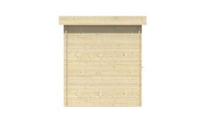 Holz-Gartenhaus mit senkrechten Holzlatten und flachem Dach, aus hellem Holz gefertigt.