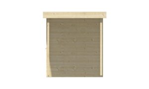 Holzwand mit vertikalen Lamellen und einem flachen Vordach.