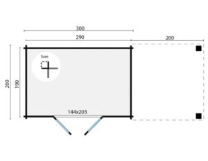 Diagramm eines rechteckigen Zelts mit den Maßen 300 cm Länge, 200 cm Breite und 190 cm Höhe; die inneren Abmessungen betragen 290 cm mal 144 cm. Eine separate Fläche mit dem Maß 200 cm ist an einem Ende markiert. Ein Kreis zeigt einen 5 cm großen Bereich im Inneren an.