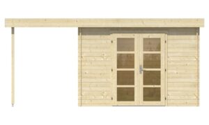 Ein modernes, flach überdachtes Holz-Gartenhaus mit einer Doppeltür mit Glasfenstern, links davon befindet sich ein schmaler überdachter Bereich.