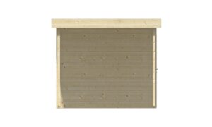 Vorderansicht eines einfachen Holzschuppens mit flachem Dach und horizontalen Paneelen.