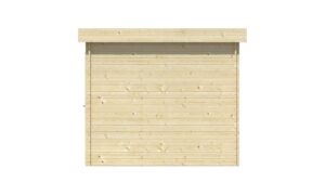 Frontansicht einer kleinen Holzhütte mit waagerecht verlaufenden Holzlatten und einem flachen Dach.