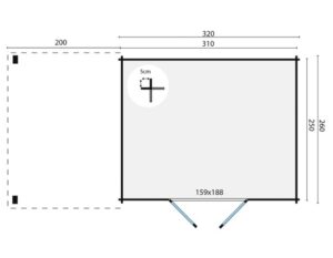 Diagramm eines rechteckigen Zeltes mit den Maßen 320 cm x 260 cm im Hauptbereich und einem zusätzlichen rechteckigen Bereich von 200 cm Breite auf der linken Seite.