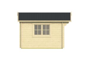 Ansicht einer kleinen Holzhütte mit Fenster und dunklem Dach.