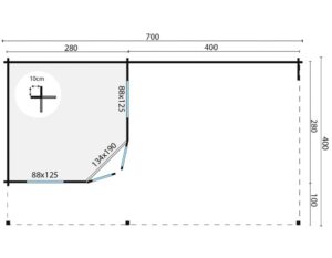 Technische Zeichnung eines Raumes mit den Maßen 700 cm x 400 cm, unterteilt in zwei Abschnitte; der kleinere Abschnitt hat die Maße 280 cm x 400 cm mit einer abgeschrägten Ecke, in der Abmessungen von 134 cm x 190 cm und 88 cm x 125 cm angegeben sind.