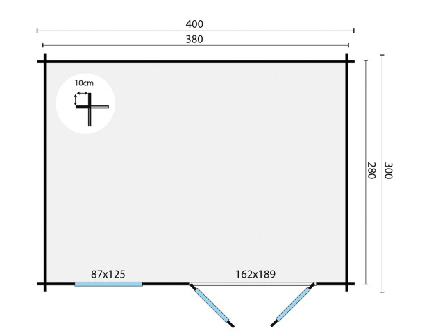 Skizze eines rechteckigen Raumes mit den Maßen 400 x 300 cm. Innen sind weitere Maße von 380 x 280 cm angegeben. Zwei Seitenwände haben Markierungen mit den Maßen 87 x 125 cm und 162 x 189 cm. Ein Kreis oben links zeigt eine Detailansicht eines Abschnitts von 10 cm Breite.