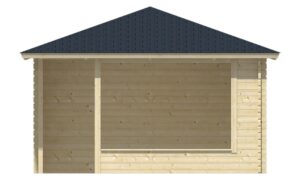 Eine Holzwand eines Hauses mit einem schwarzen Schindeldach, das eine stabile und gepflegte Struktur zeigt.