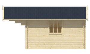 Seitenansicht eines Holzhauses aus hellem Holz mit einem Satteldach aus dunkelgrauen Schindeln und einem einzelnen Fenster mittig in der Wand.