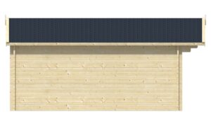 Holzwand eines Gebäudes mit einem dunklen Satteldach, sichtbare horizontale Holzlattenstruktur.