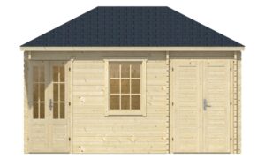 Holzhaus mit einer Tür und einem Fenster in der Mitte, flankiert von einer glastür auf der linken Seite und einer Holztür auf der rechten Seite, mit einem dunklen Schrägdach.