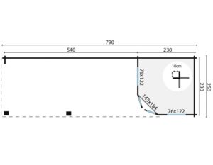 Grundriss einer rechteckigen Fläche mit den Maßen 790 cm x 250 cm, unterteilt in zwei Abschnitte. Der linke Abschnitt misst 540 cm x 250 cm und der rechte 230 cm x 250 cm. Im rechten Abschnitt sind zusätzliche Maße für eine diagonale Nische von 143 cm x 184 cm und zwei kleinere Flächen von 76 cm x 122 cm angegeben. Es gibt einen eingezeichneten Kreis mit einem Durchmesser von 10 cm im rechten Abschnitt.