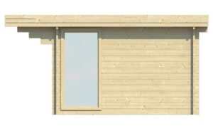 Seitenansicht eines modernen Holzhauses mit einer großen Glasfront und horizontal verlaufenden Holzplanken.