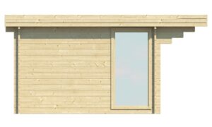 Seitenansicht eines modernen Holzgebäudes mit einem großen, vertikalen Fenster rechts und einer flachen Überdachung.