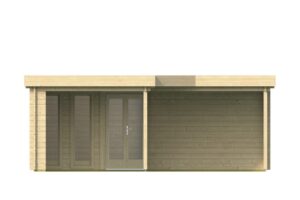 Ein Holz-Gartenhaus mit Flachdach, großer Glastür und zwei Glasfenstern auf der linken Seite, daneben eine geschlossene Holzwand auf der rechten Seite.
