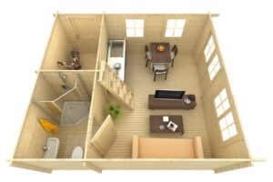 Draufsicht eines kleinen, möblierten Hauses mit Holzverkleidung, das ein Wohnzimmer mit Sofa und Fernseher, eine Küche, ein Esszimmer und ein Badezimmer mit Dusche und Badewanne zeigt.
