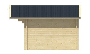 Vorderansicht einer Holzwand mit dunklem Dach, typischerweise Teil einer Gartenlaube oder Hütte.