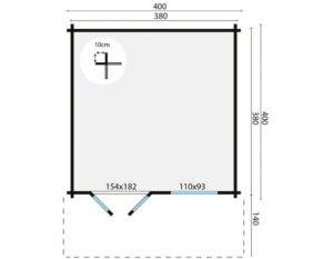 Schematische Zeichnung eines quadratischen Raums mit den Maßen 400 cm x 400 cm. Innerhalb des Raums sind die Innenmaße 380 cm x 380 cm angegeben. In einer Ecke befindet sich ein Kreis mit einem Durchmesser von 10 cm. An einer Seite sind zwei Rechtecke gekennzeichnet, eines mit den Maßen 154 cm x 182 cm und das andere mit 110 cm x 93 cm, die jeweils diagonal verlaufen.
