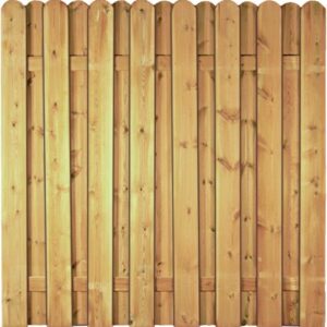 Ein Holzzaun aus vertikalen Holzlatten mit abgerundeten Oberkanten, in natürlichem Holzton, gleichmäßig angeordnet.