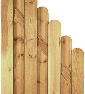 Holzzaun aus ungleichmäßig hohen Latten, die von links nach rechts ansteigen, mit abgerundeten Enden und natürlichen Maserungen.