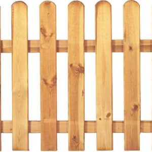 Ein Abschnitt eines hellbraunen Holzlattenzauns mit senkrechten Latten und waagerechten Verbindungsstreben.