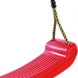 Eine rote Kinderschaukel mit geripptem Sitz, aufgehängt an einem Seil mit schwarzen Befestigungen.