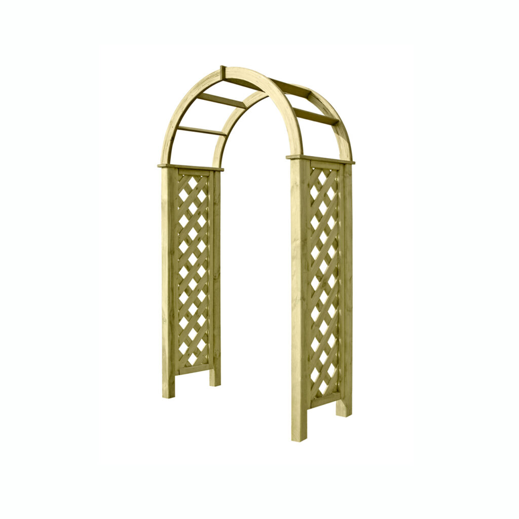 Holzpergola mit Gitterdesign und gebogenem Dach.