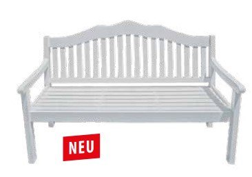 Weiße Gartenbank mit dekorativer Rückenlehne und Armlehnen, daneben ein rotes Etikett mit der Aufschrift 'NEU'.