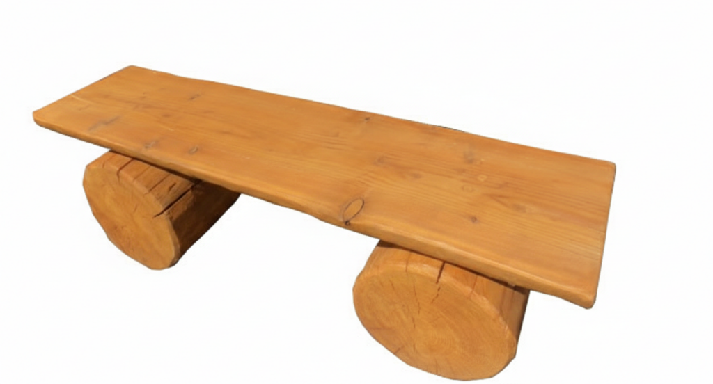 Holzbank mit rechteckiger Sitzfläche und zwei runden Baumstämmen als Beine.