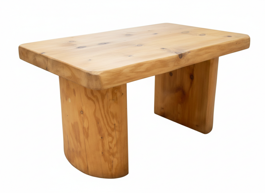 Holztisch mit rechteckiger Platte und abgerundeten Kanten, unterstützt von zwei stabilen, halbovalen Beinen.