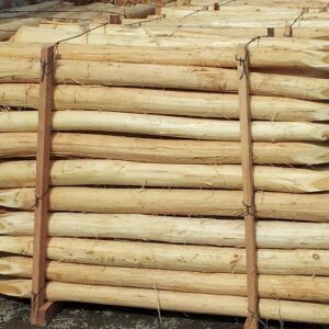 Ein Stapel gespitzter Holzpfähle, die mit Draht zusammengehalten werden und für den Einsatz als Zäune oder Begrenzungen bestimmt sind.
