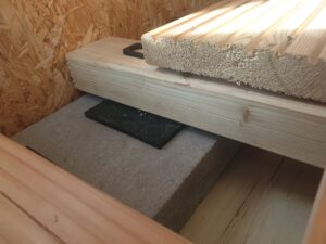 Ein gestapelter Aufbau von Holzplatten auf einem Betonblock, dazwischen ein schwarzes Polster, umgeben von Pressspanplatten.