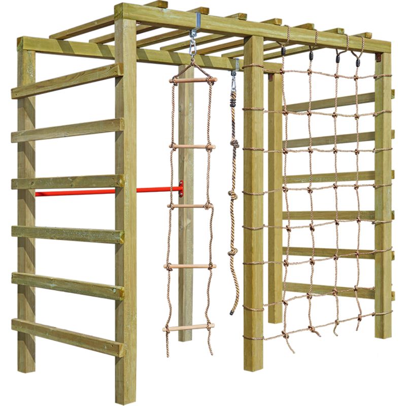 Klettergerüst aus Holz mit Kletterseil und Kletternetz, geeignet für Kinder.