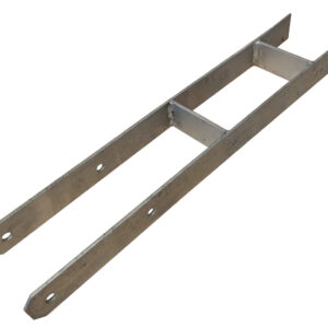 Ein metallischer Rahmen mit zwei parallelen Schienen und verbindenden Querstreben, ausgestattet mit Löchern zur Montage.