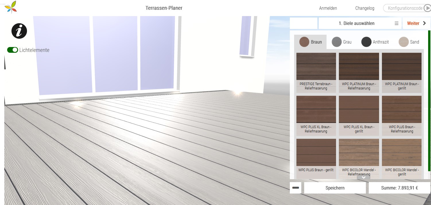 Ein Screenshot eines Terrassenplaners mit einer Vorschau von hellen Bodendielen und einer Auswahl an verschiedenen braunen Holztönen auf der rechten Seite. Es gibt Optionen wie "PRESTIGE Terrabraun" und "WPC PLATINUM Braun". Der Gesamtpreis am unteren Rand beträgt 7.893,91 €.