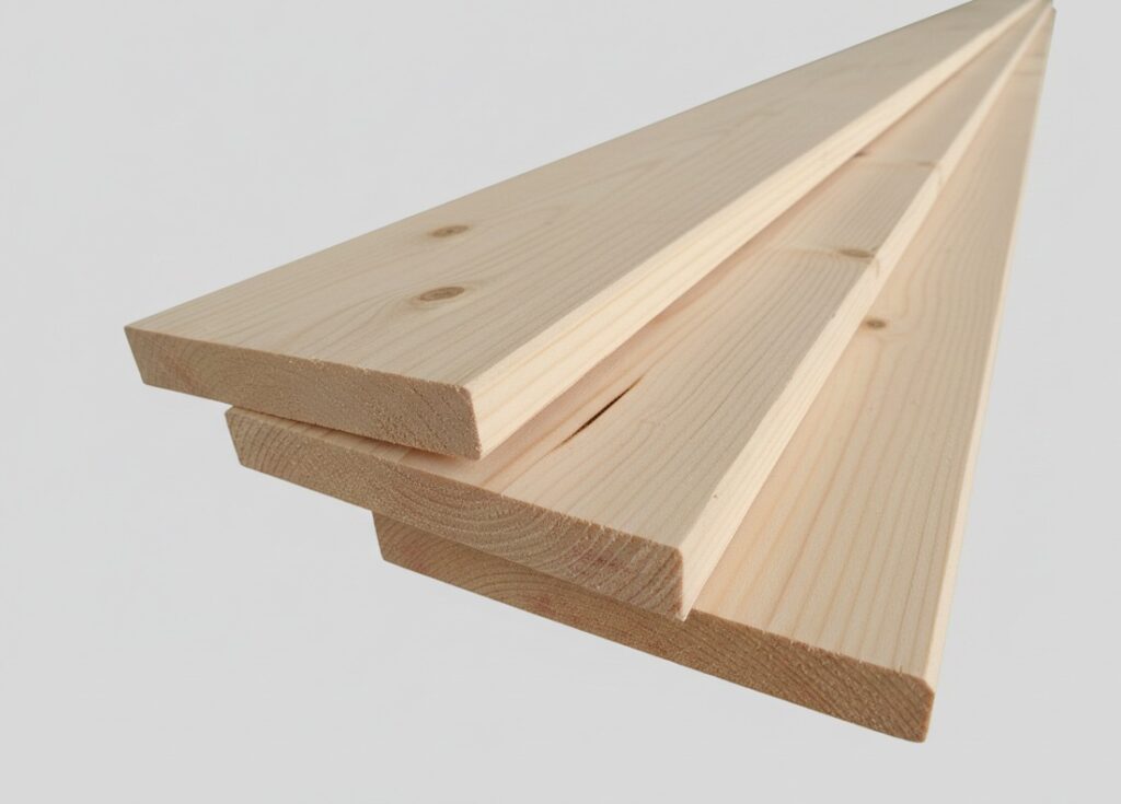 Drei gestapelte Holzbretter aus hellem Holz, schräg angeordnet auf grauem Hintergrund.