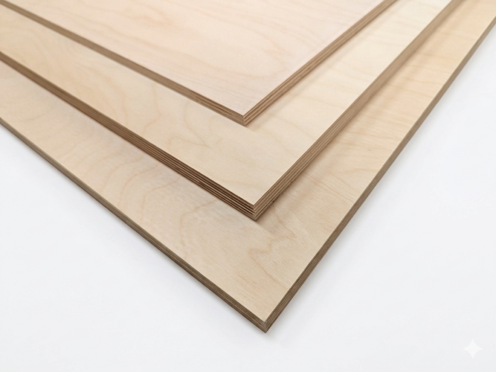 Drei übereinander gestapelte Sperrholzplatten in verschiedenen Größen auf einer weißen Oberfläche.