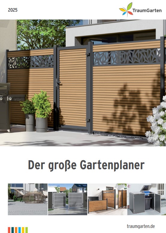 Ein Gartenzaun mit modernen, horizontalen Holzlatten und dekorativen Metallzierteilen, daneben ein Gasgrill und Topfpflanzen, mit dem Schriftzug 'Der große Gartenplaner' darunter.