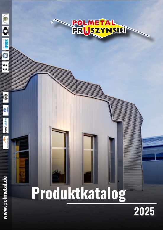 Cover des Produktkatalogs 2025 von Polmetal Pruszyński, zeigt ein modernes Gebäude mit wellenförmigem Dach aus Metallplatten und großen Fenstern.