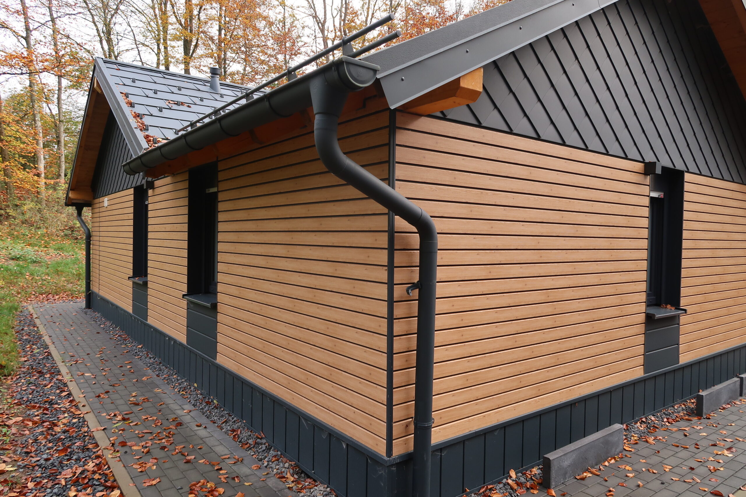 Modernes Gebäude mit Holzfassade und schwarzer Dacheindeckung, umgeben von herbstlichen Bäumen.