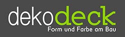 Logo von Dekodeck mit dem Slogan 'Form und Farbe am Bau' auf grauem Hintergrund, wobei 'deko' in Weiß und 'deck' in Grün geschrieben ist.