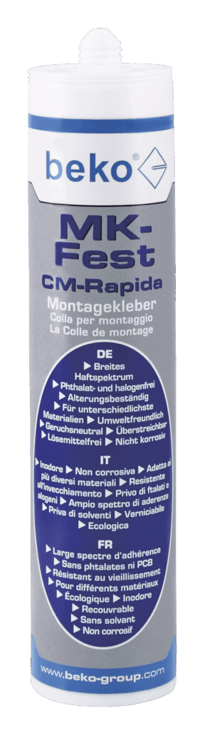 Tube des Montageklebers "beko MK-Fest CM-Rapida" mit Informationen zu umweltfreundlichen Eigenschaften auf der Vorderseite, darunter phthalatfrei, alterungsbeständig und geruchsneutral.