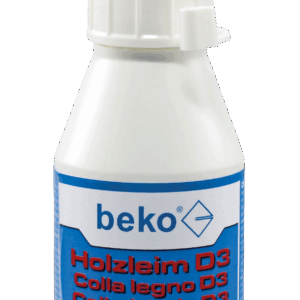 Kunststoffflasche mit weißem Kegelverschluss und blauem Etikett der Marke "beko". Die Aufschrift "Holzleim D3" ist in roter Schrift zu sehen, umgeben von Produktinformationen auf Deutsch, Italienisch und Französisch.
