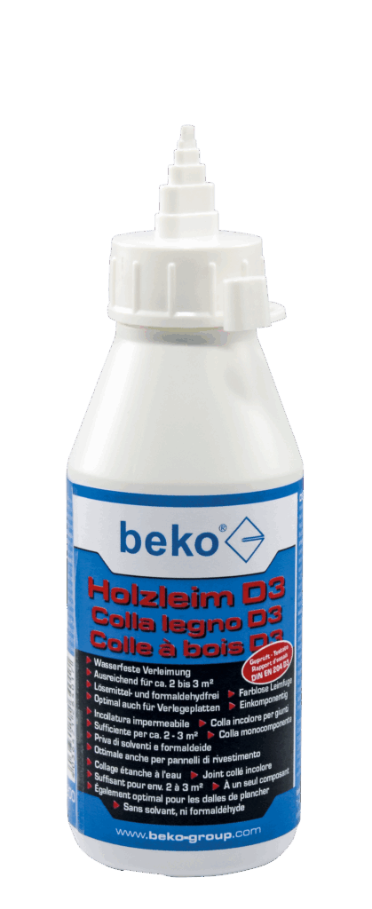 Kunststoffflasche mit weißem Kegelverschluss und blauem Etikett der Marke "beko". Die Aufschrift "Holzleim D3" ist in roter Schrift zu sehen, umgeben von Produktinformationen auf Deutsch, Italienisch und Französisch.