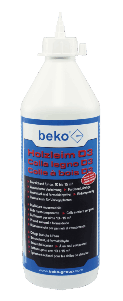 Plastikflasche mit beko Holzleim D3, auf blauem Hintergrund etikettiert, mit Angaben zur Anwendung und Eigenschaften in drei Sprachen beschrieben.