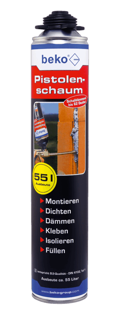 Dose beko Pistolen-Schaum mit Angaben zur Schallvermeidung bis 62 Dezibel, geeignet für Montieren, Dichten, Dämmen, Kleben, Isolieren und Füllen, mit einer Ausbeute von ca. 55 Litern.