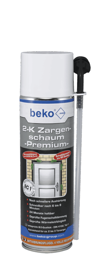 Eine Dose Beko 2-K Zargenschaum Premium mit einem schwarzen Aufsatz zum Ansprühen. Die Dose zeigt diverse Produktinformationen, darunter die Wärmeleitfähigkeit und Schalldämmung. Sie ist geeignet für Türzargen, mit einer Haltbarkeit von 24 Monaten und schneller Aushärtung.