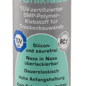 Eine Kartusche "beko Trockenbau Profilkleber", gekennzeichnet mit TÜV-zertifiziertem SMP-Polymer-Klebstoff für Trockenbauwände, silikon- und säurefrei, sowie weiteren Eigenschaften wie dauerelastisch, hohe Anfangshaftung und lösemittelfrei.