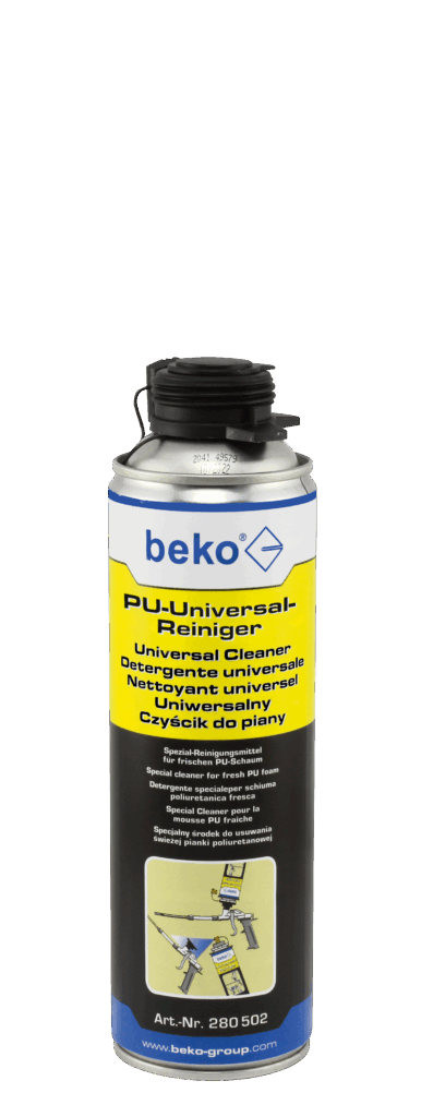 Metallische Spraydose mit gelbem Etikett der Marke Beko, beschriftet als PU-Universal-Reiniger für frischen PU-Schaum, mit Anweisungen auf mehreren Sprachen und einer bildlichen Anwendungshilfe.